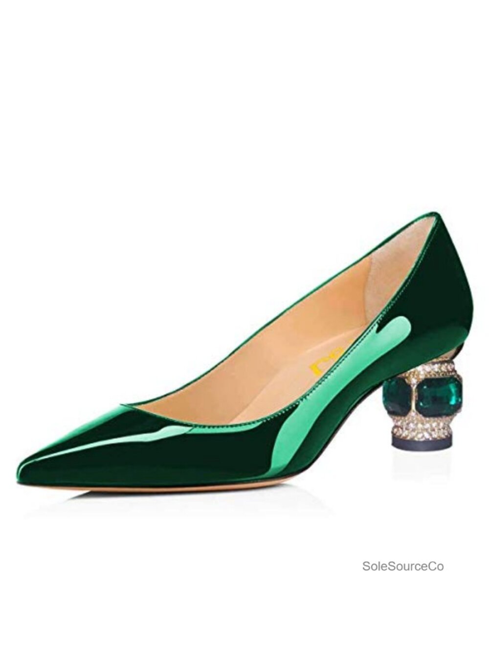 FSJ Women Pointed Toe Chunky Block Low Heel Crystal Pumps Slip On Wedding Heels